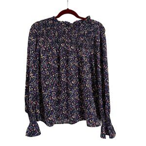 THML Navy Floral Print Smocking Details‎ Blouse Size L